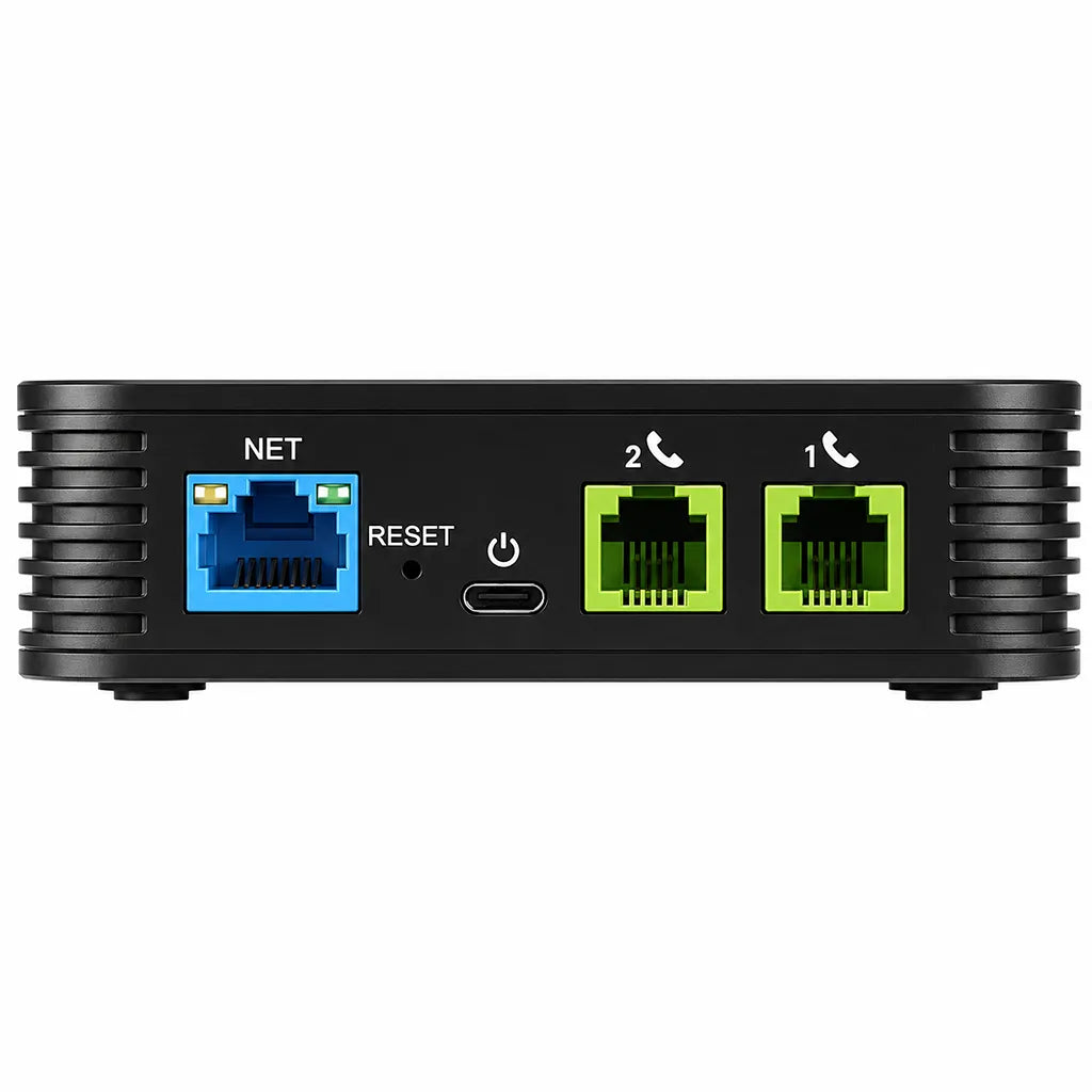 Grandstream HT802 v2 rear panel with RJ45 Ethernet port, dual RJ11 FXS ports, USB-C power input and reset button for VoIP connectivity -tpstech.in
