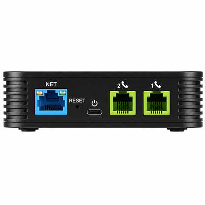 Grandstream HT802 v2 rear panel with RJ45 Ethernet port, dual RJ11 FXS ports, USB-C power input and reset button for VoIP connectivity -tpstech.in