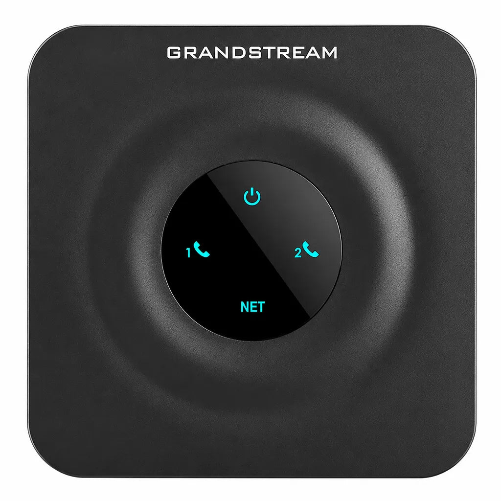 Grandstream HT802 v2 top view displaying power, network, Phone 1 and Phone 2 LED indicators on a compact VoIP ATA -tpstech.in