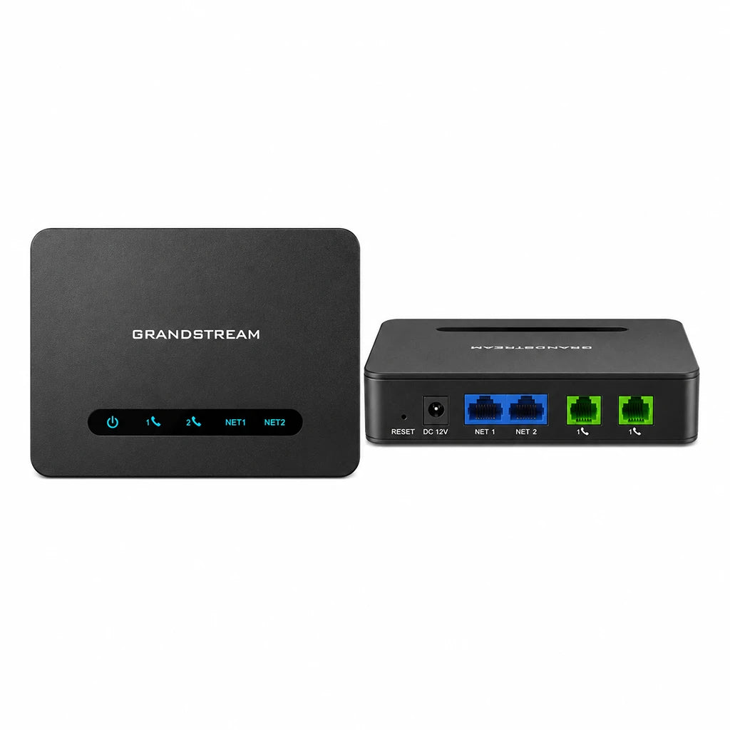 Grandstream HT812 V2 Analog Telephone Adapter front and rear view with dual Gigabit Ethernet ports and dual FXS phone ports -tpstech.in