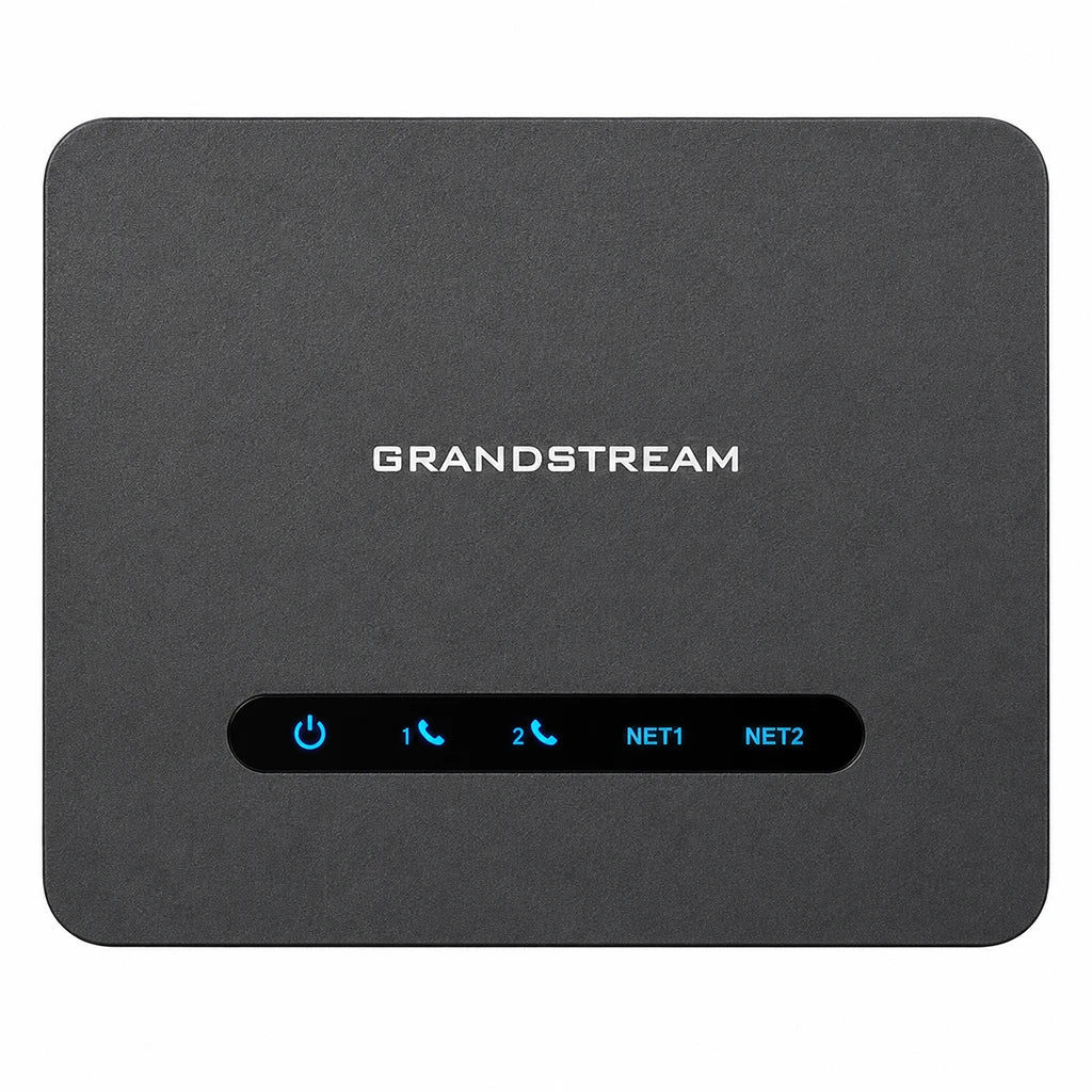 Grandstream HT812 V2 2-Port SIP ATA front view showing LED status indicators for power, phone lines and network ports -tpstech.in
