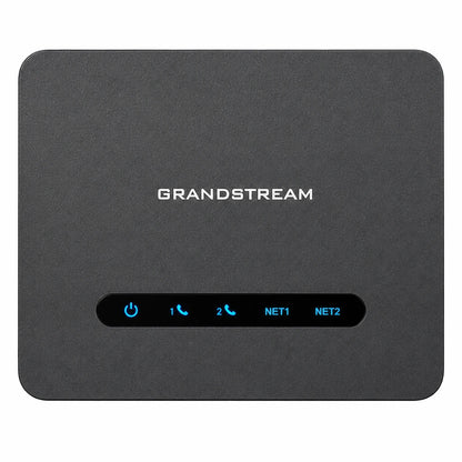 Grandstream HT812 V2 2-Port SIP ATA front view showing LED status indicators for power, phone lines and network ports -tpstech.in