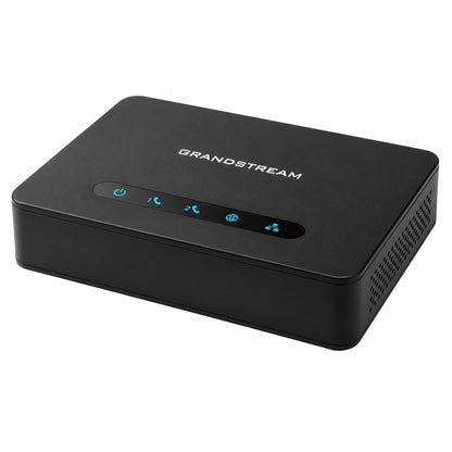 Grandstream HT812 V2 2-Port SIP ATA left angled view highlighting compact desktop design and front LED indicators -tpstech.in
