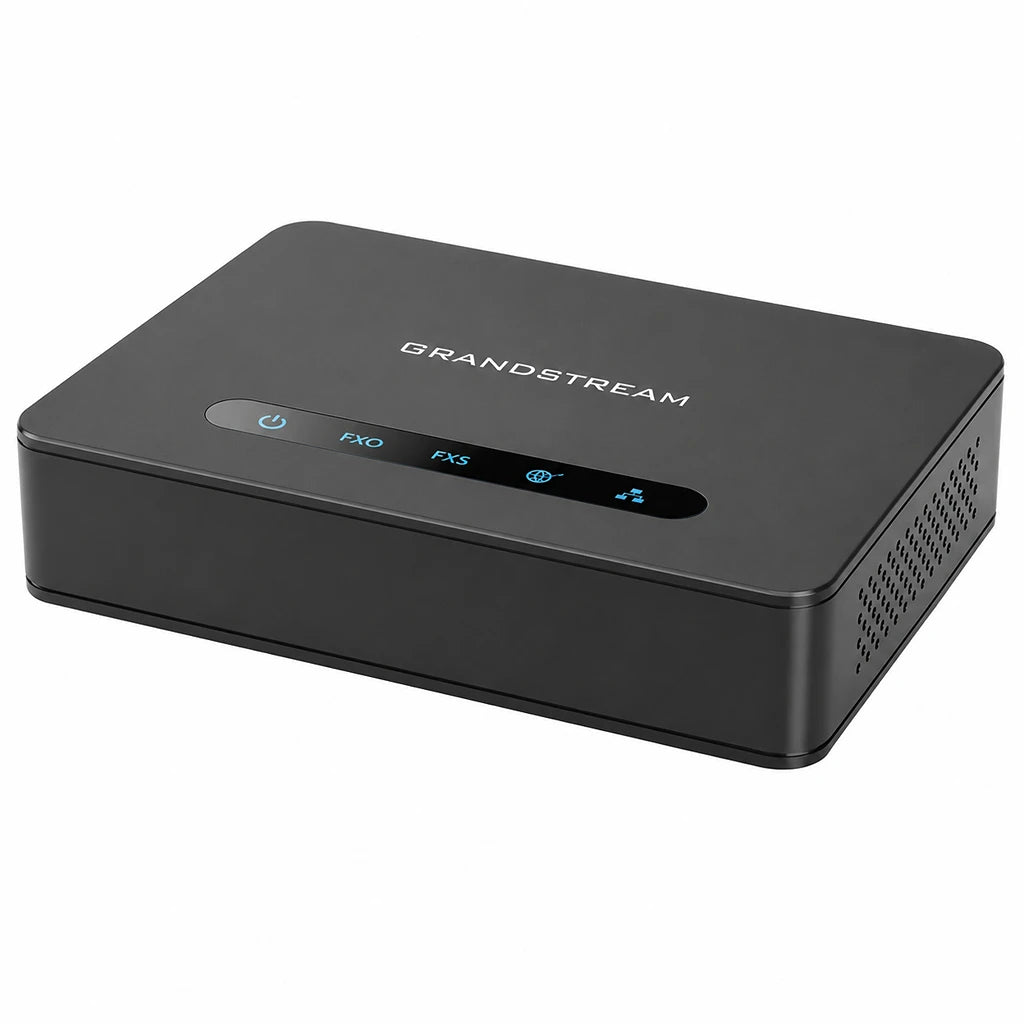 Grandstream HT813 Hybrid VoIP ATA front left angle view with 1 FXS and 1 FXO port for analog phone and PSTN VoIP integration -tpstech.in