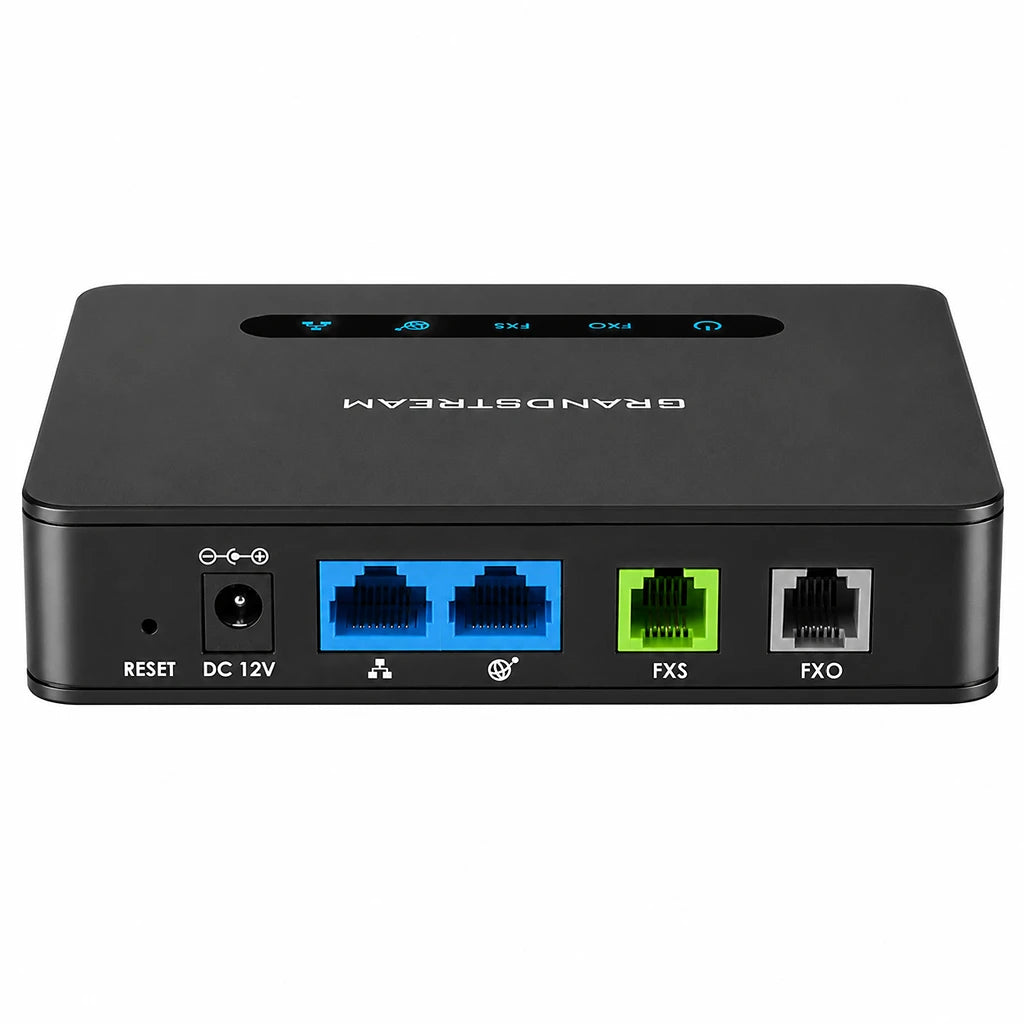 Grandstream HT813 Hybrid VoIP ATA rear view showing dual LAN and WAN ports, 1 FXS port, 1 FXO port and DC power input -tpstech.in