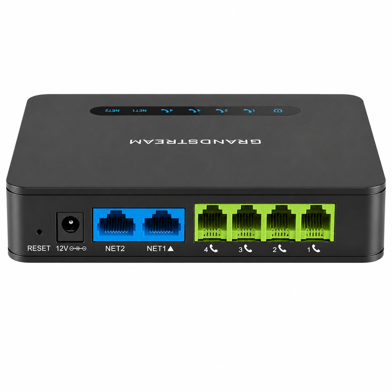 Grandstream HT814 v2 4-Port Analog Telephone Adapter rear angled view with 4 FXS ports and dual Gigabit Ethernet connectivity -tpstech.in