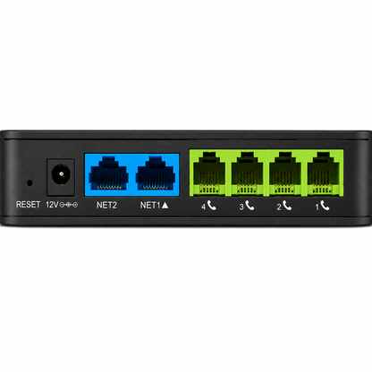 Grandstream HT814 v2 4-Port Analog Telephone Adapter rear view showing 4 FXS ports, dual Gigabit Ethernet ports and power input for VoIP deployment -tpstech.in