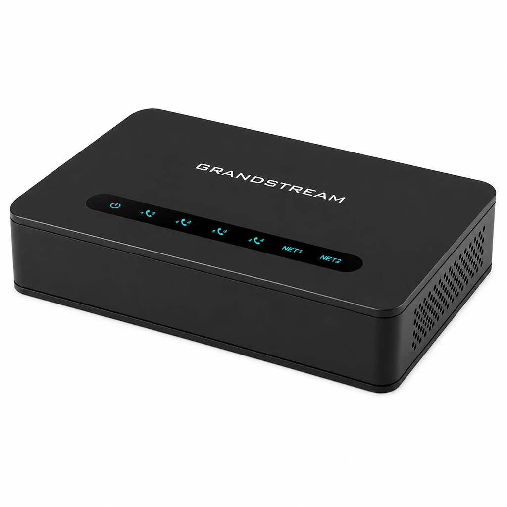 Grandstream HT818 V2 8-Port FXS VoIP Gateway front right angled view showing LED status indicators and compact desktop design -tpstech.in