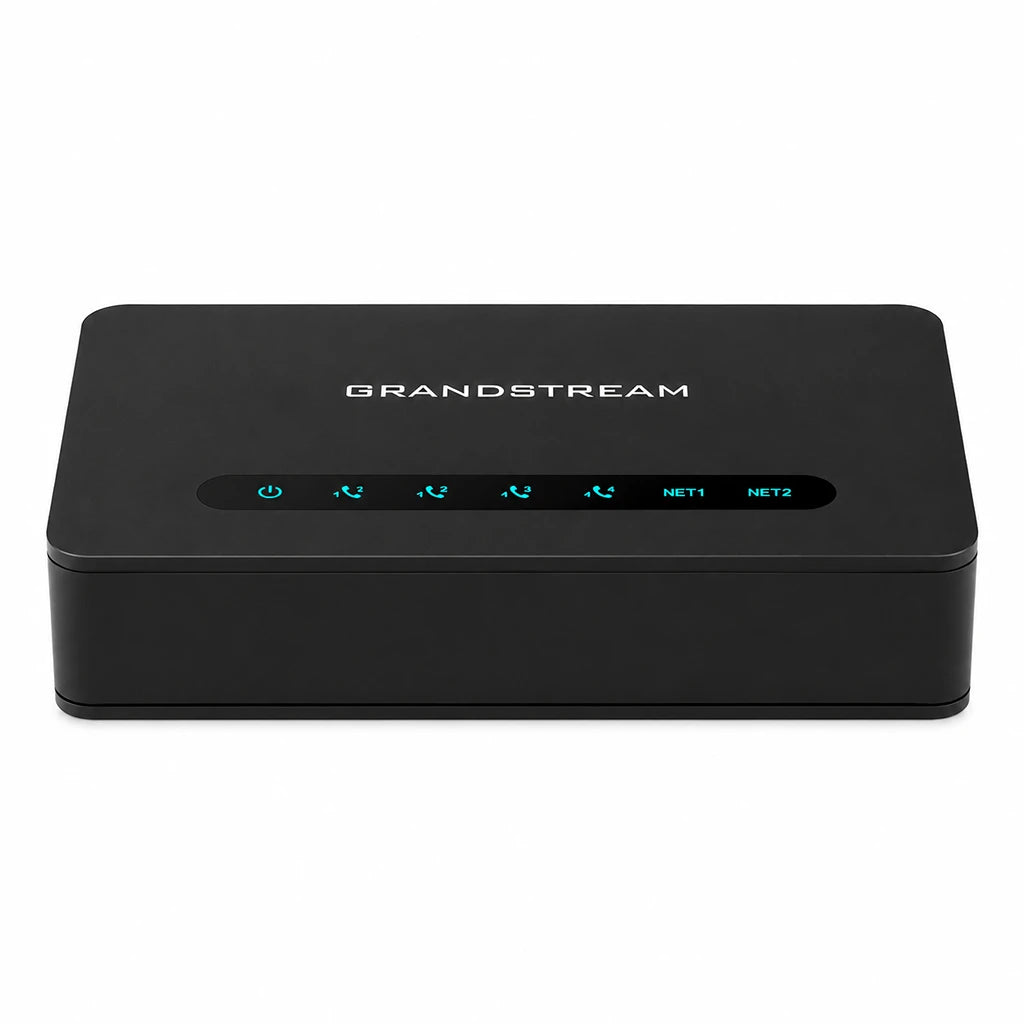 Front view of Grandstream HT818 V2 8-Port FXS VoIP Gateway featuring status LEDs for eight FXS ports and dual network ports -tpstech.in