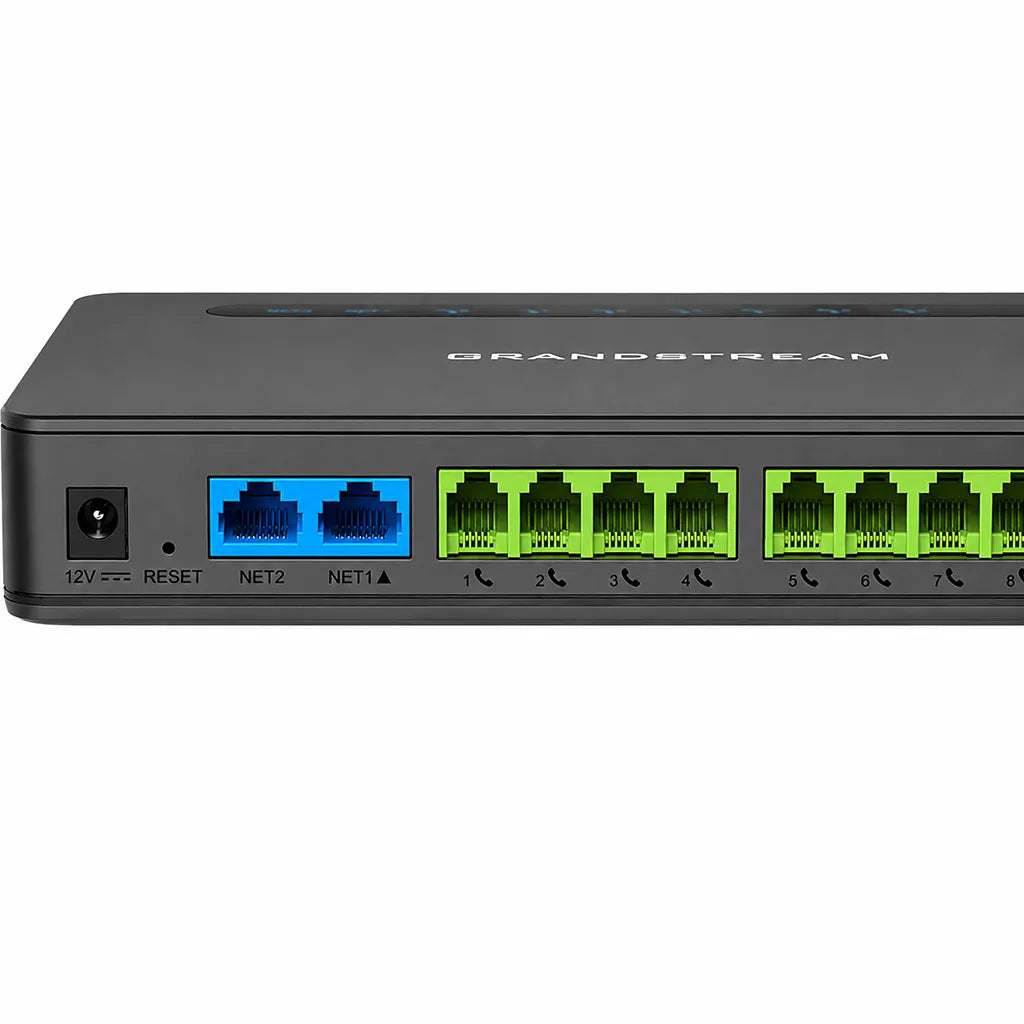 Close-up rear view of Grandstream HT818 V2 8-Port FXS VoIP Gateway with 8 FXS ports, dual Gigabit LAN ports and power connector -tpstech.in