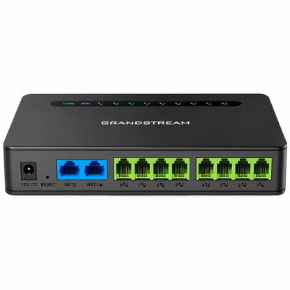 Rear view of Grandstream HT818 V2 8-Port FXS VoIP Gateway showing 8 RJ11 FXS ports, dual Gigabit Ethernet ports, power input and reset button -tpstech.in