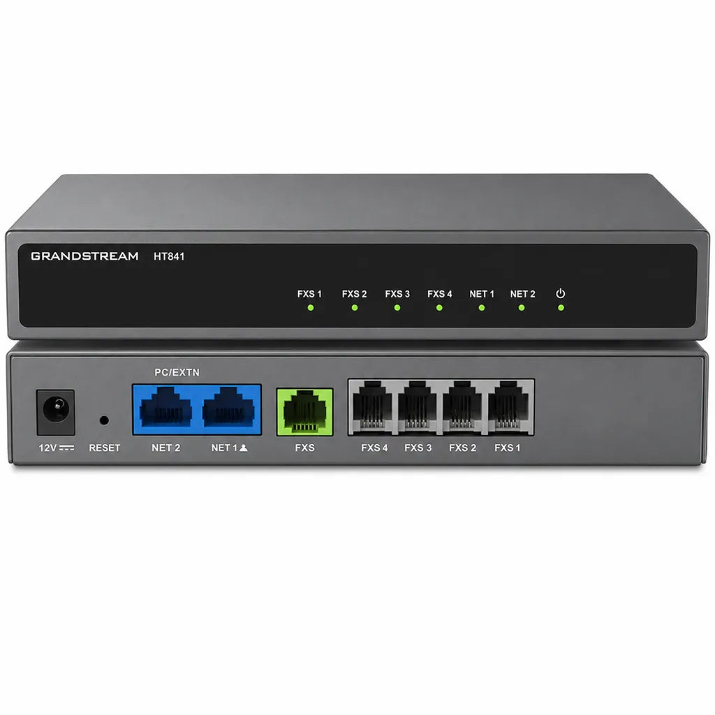Grandstream HT841 4-Port Analog FXO VoIP Gateway showing front LED indicators and rear connectivity ports for SIP to PSTN integration - tpstech.in