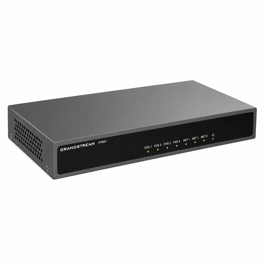 Left angled view of the Grandstream HT841 4-Port Analog FXO VoIP Gateway with front status LEDs for business IP PBX deployments - tpstech.in