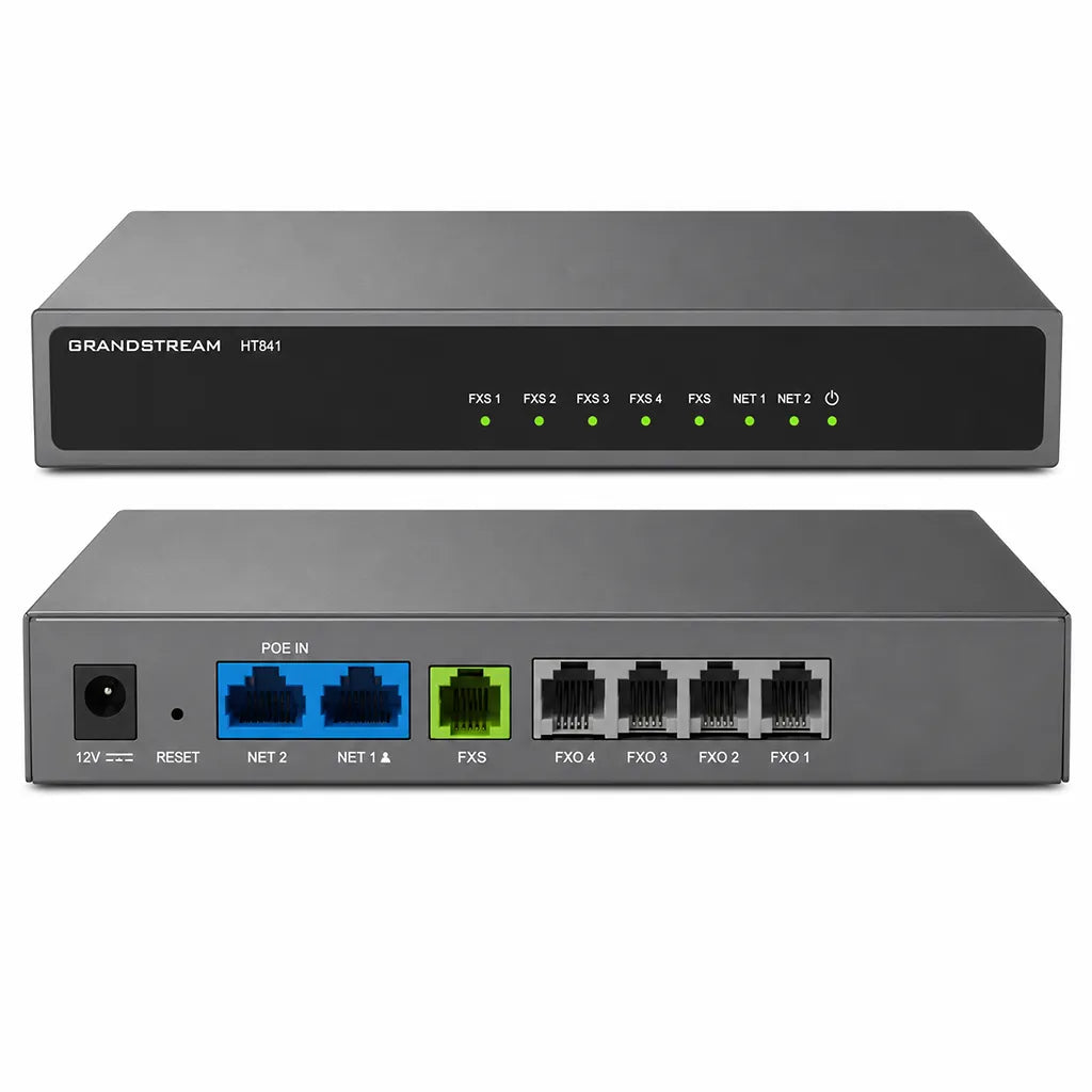 Grandstream HT841 Analog FXO VoIP Gateway showing front panel and rear ports including 4 FXO, 1 FXS and dual Gigabit Ethernet interfaces - tpstech.in