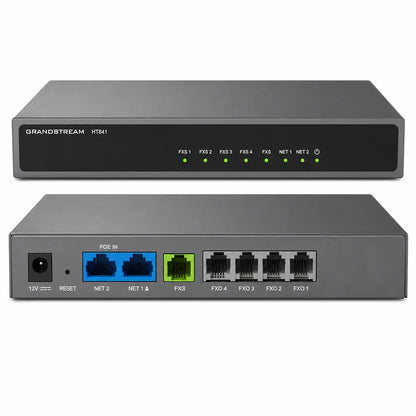 Grandstream HT841 Analog FXO VoIP Gateway showing front panel and rear ports including 4 FXO, 1 FXS and dual Gigabit Ethernet interfaces - tpstech.in