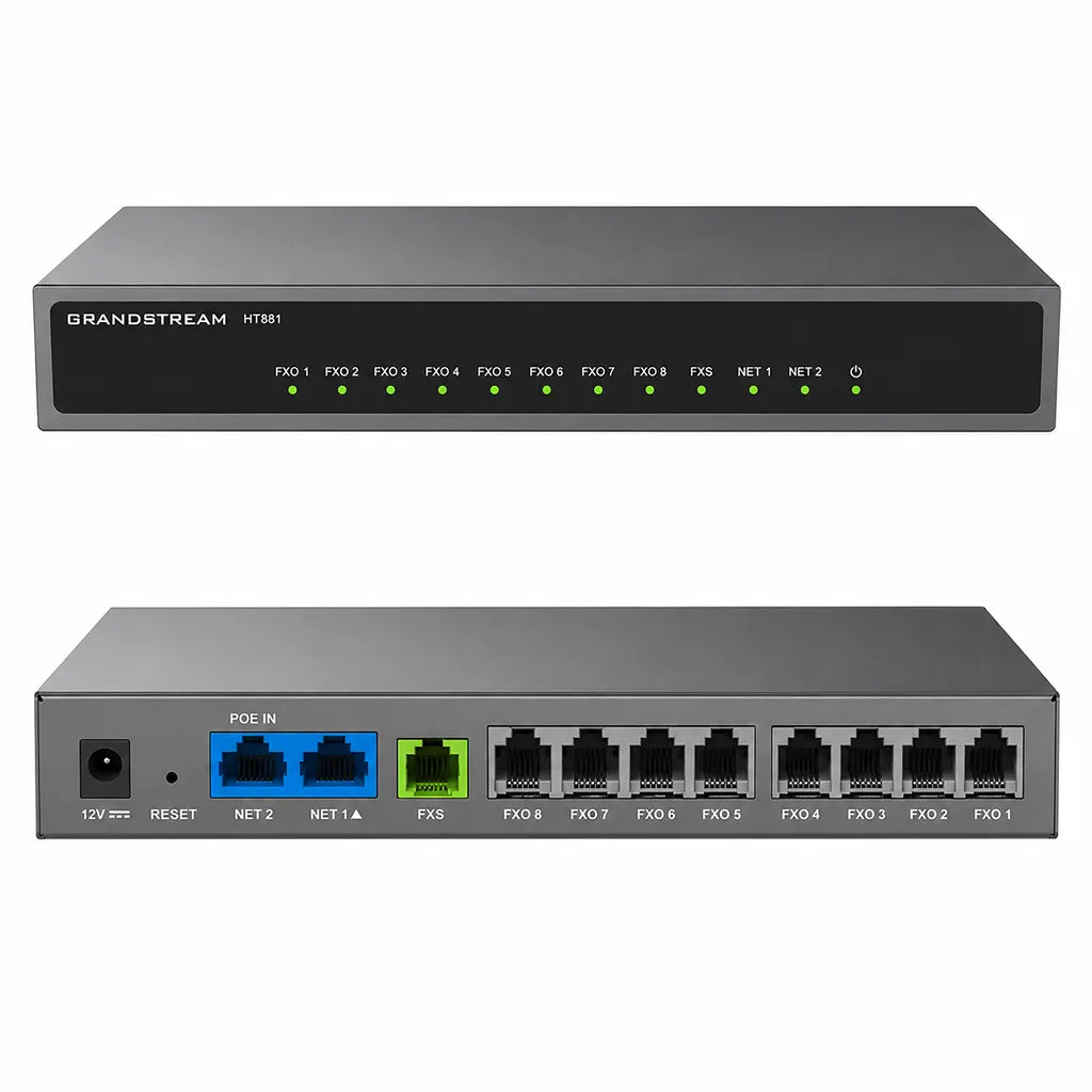 Grandstream HT881 8-Port FXO VoIP Gateway front and rear view highlighting FXO ports, FXS port and network interfaces -tpstech.in