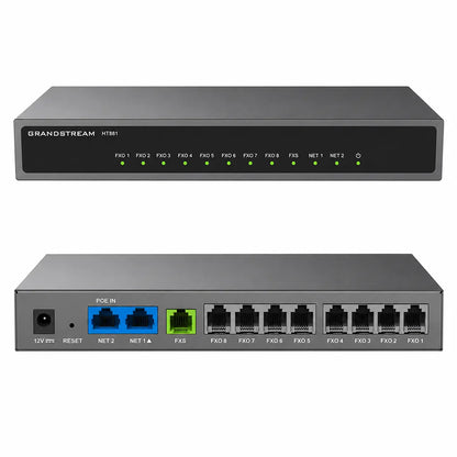Grandstream HT881 8-Port FXO VoIP Gateway front and rear view highlighting FXO ports, FXS port and network interfaces -tpstech.in