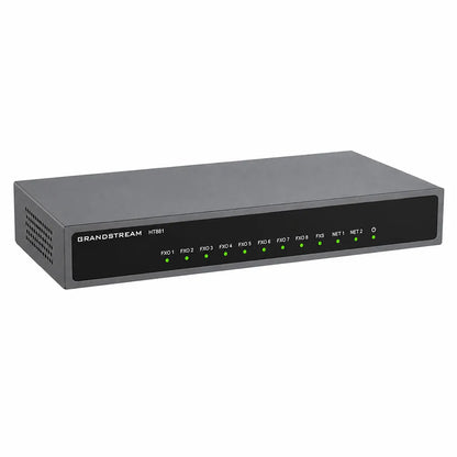 Grandstream HT881 8-Port FXO VoIP Gateway front left angle view with 1 FXS port and Gigabit Ethernet for SIP IP PBX integration -tpstech.in