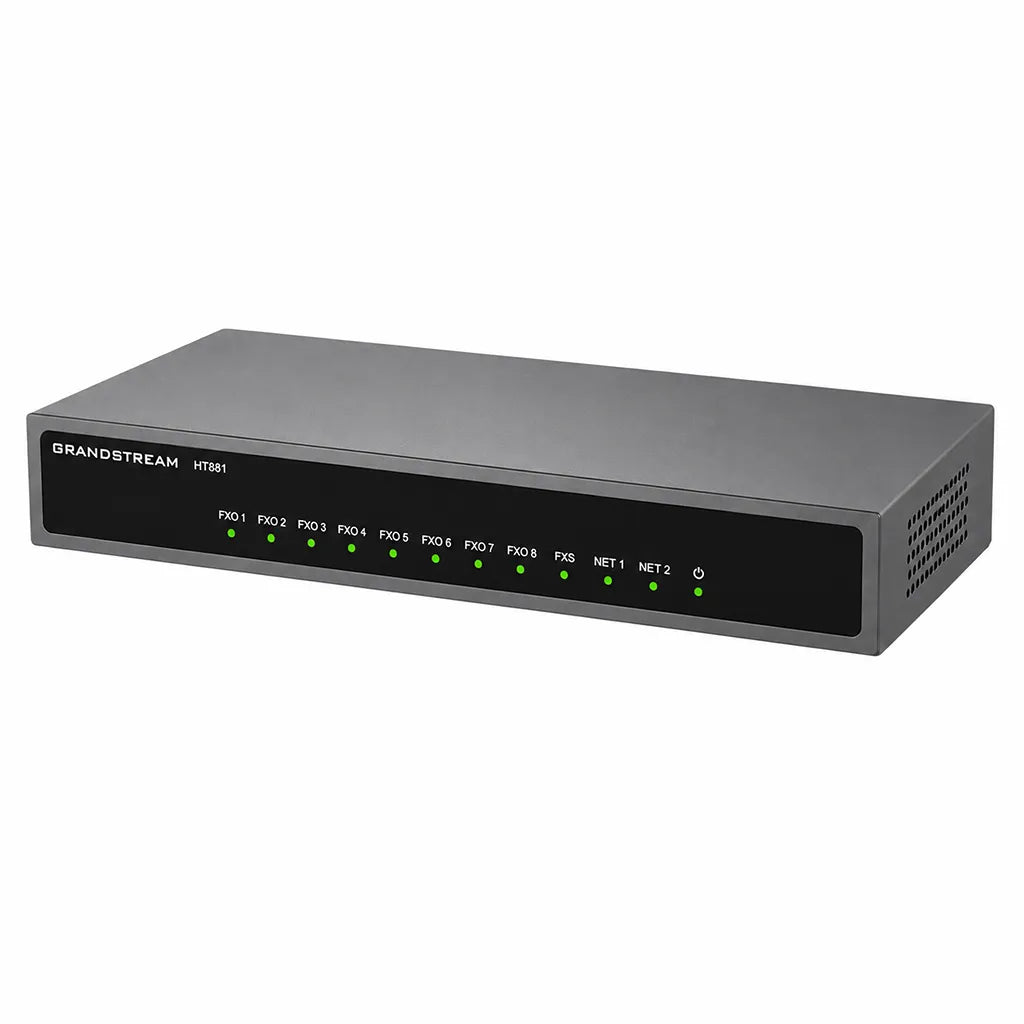 Grandstream HT881 8-Port FXO VoIP Gateway front right angle view with 1 FXS port for PSTN to SIP IP PBX deployment -tpstech.in