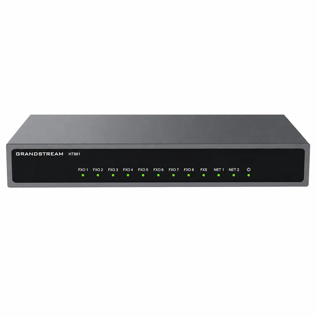 Grandstream HT881 8-Port FXO VoIP Gateway front view with LED status indicators for SIP IP PBX and PSTN connectivity -tpstech.in
