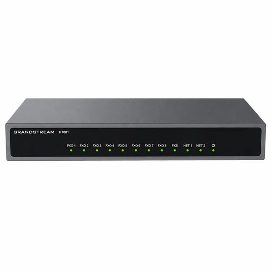 Grandstream HT881 8-Port FXO VoIP Gateway front view with LED status indicators for SIP IP PBX and PSTN connectivity -tpstech.in