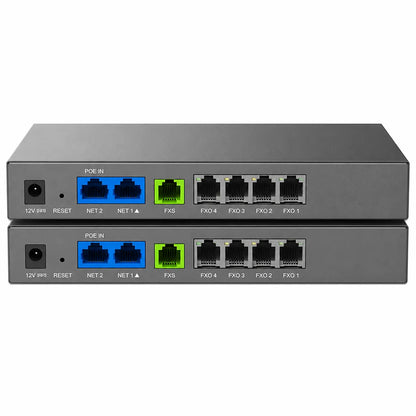 Grandstream HT881 VoIP Gateway rear panel showing Gigabit Ethernet, PoE, FXS and FXO connectivity ports -tpstech.in