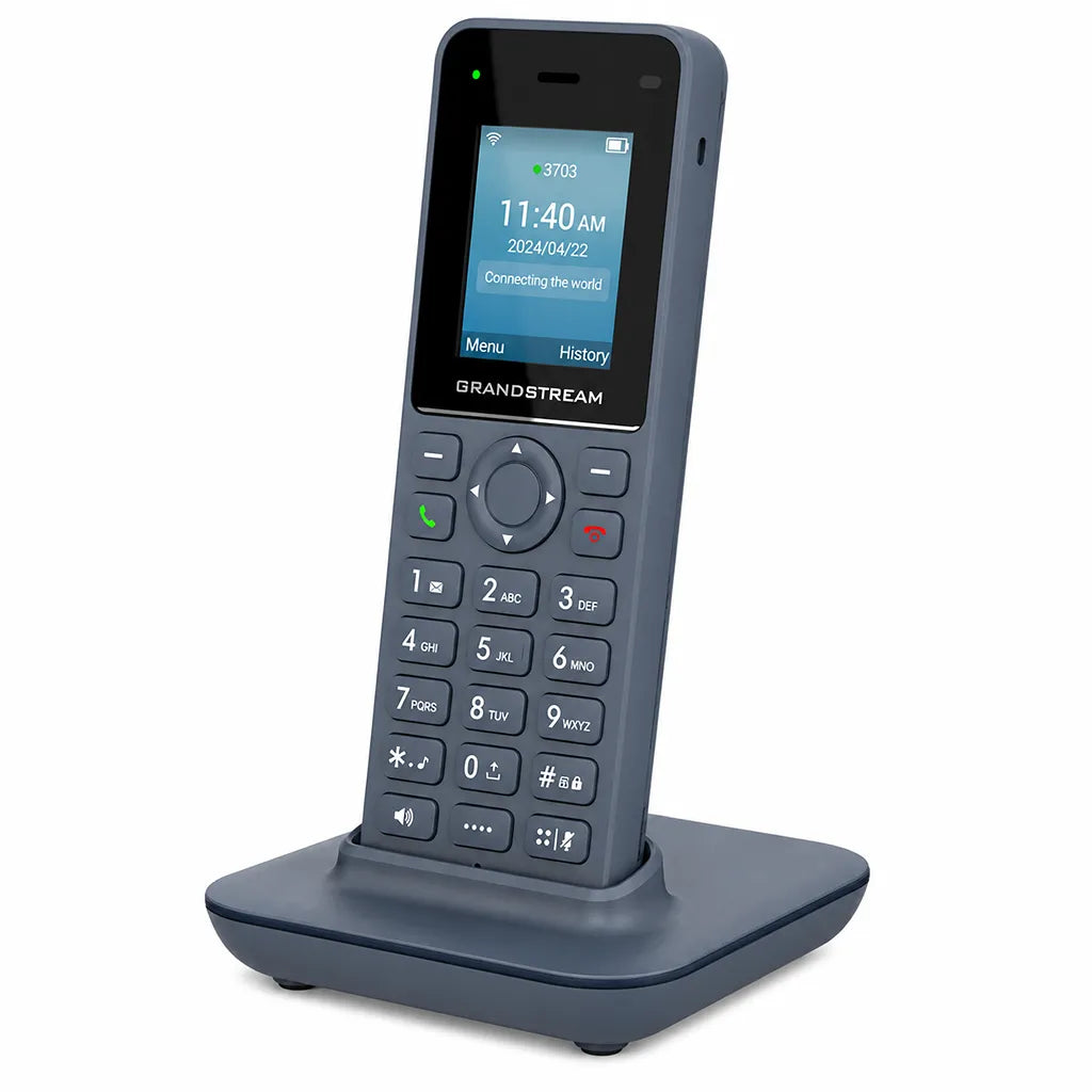 Grandstream WP816 Cordless Wi-Fi 6 IP Phone angled view on charging dock highlighting compact wireless business design -tpstech.in