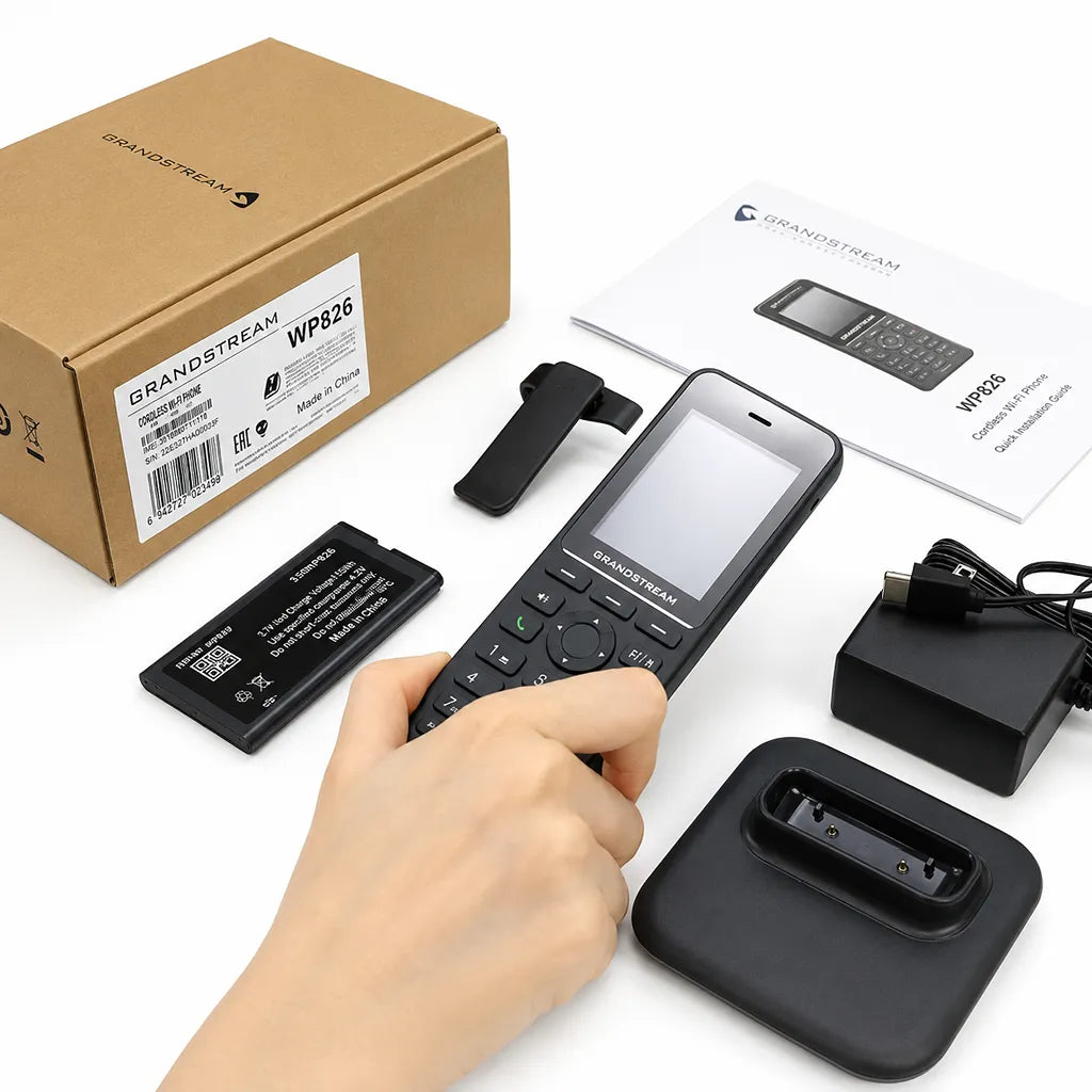 Grandstream WP816 Cordless Wi-Fi 6 IP Phone retail package with charging cradle, battery, belt clip, USB-C power adapter and quick installation guide -tpstech.in