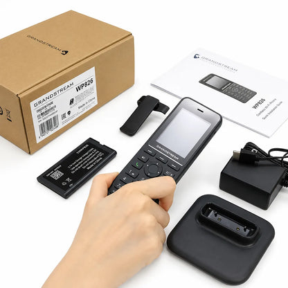 Grandstream WP816 Cordless Wi-Fi 6 IP Phone retail package with charging cradle, battery, belt clip, USB-C power adapter and quick installation guide -tpstech.in