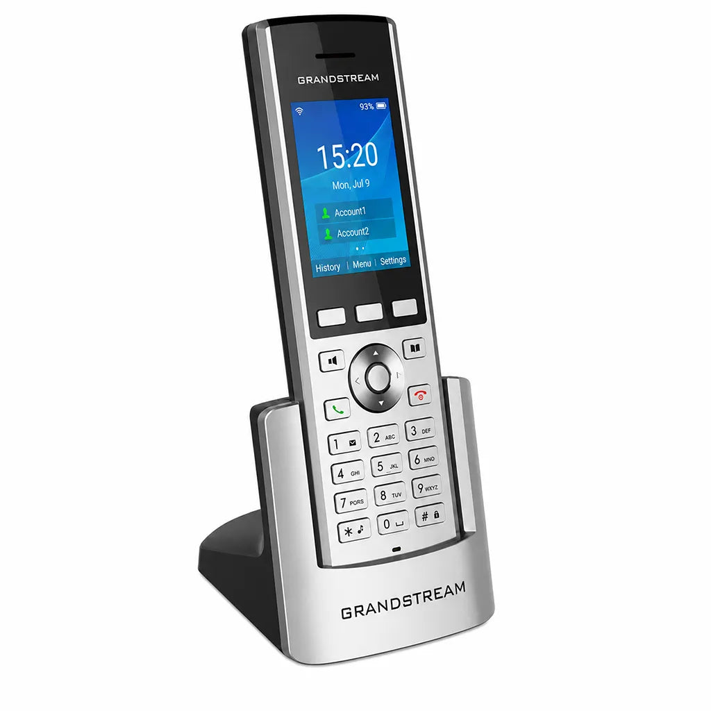 Grandstream WP820 enterprise WiFi IP phone angled view with charging cradle for business communication -tpstech.in