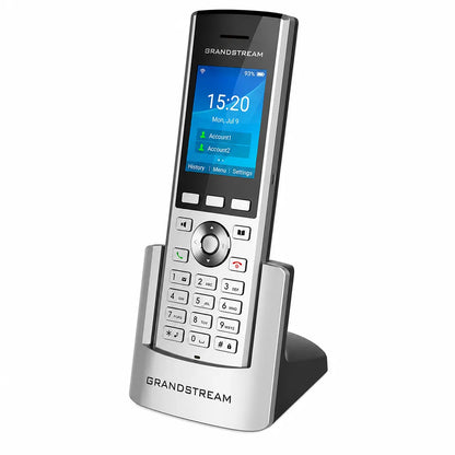 Grandstream WP820 enterprise WiFi IP phone with charging cradle front view featuring HD voice and dual-band WiFi -tpstech.in