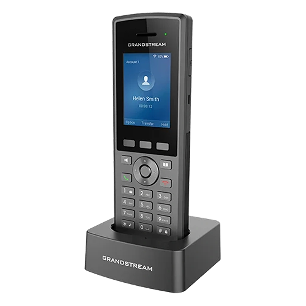 Grandstream WP825 rugged cordless WiFi IP phone placed on charging cradle front view -tpstech.in