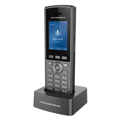 Grandstream WP825 rugged cordless WiFi IP phone placed on charging cradle front view -tpstech.in