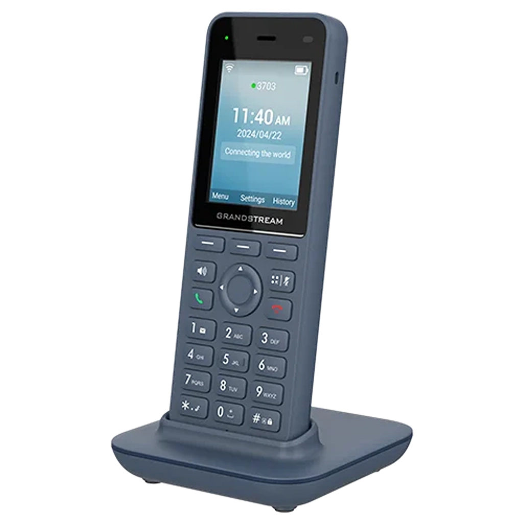 Grandstream WP826 Cordless WiFi 6 IP Phone angled view with charging cradle and color display -tpstech.in