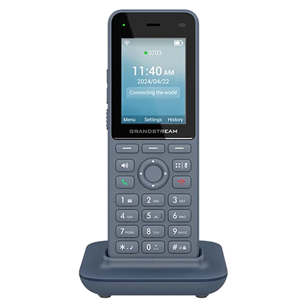 Grandstream WP826 Cordless WiFi 6 IP Phone placed on charging dock for enterprise communication -tpstech.in