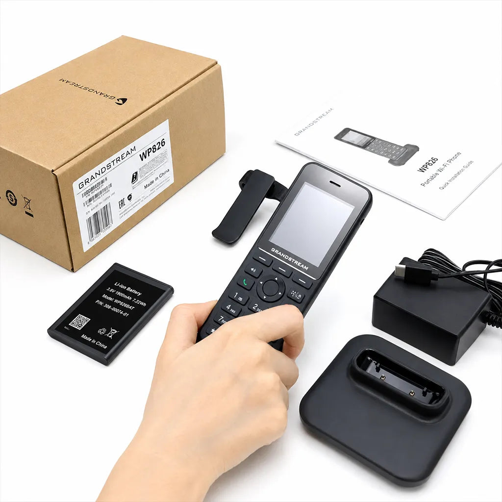 Grandstream WP826 Cordless WiFi 6 IP Phone with charger, battery, belt clip and accessories package -tpstech.in
