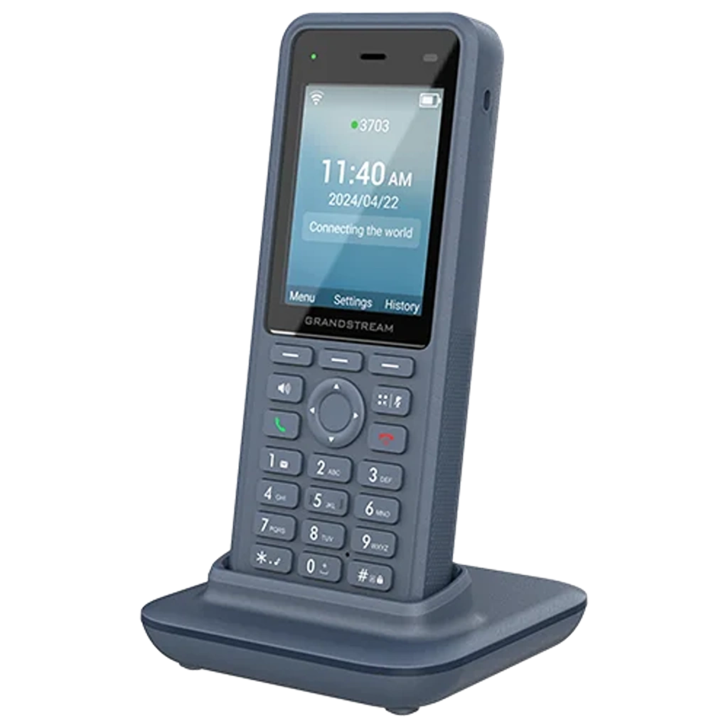 Grandstream WP836 rugged cordless Wi-Fi 6 IP phone angled front view with charging cradle -tpstech.in