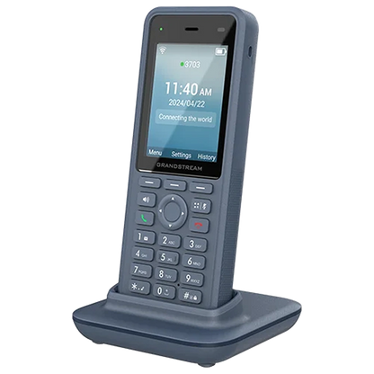 Grandstream WP836 rugged cordless Wi-Fi 6 IP phone angled front view with charging cradle -tpstech.in