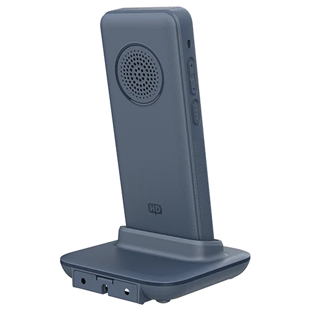 Grandstream WP836 rugged Wi-Fi 6 cordless IP phone rear angled view with charging dock and speaker grille -tpstech.in