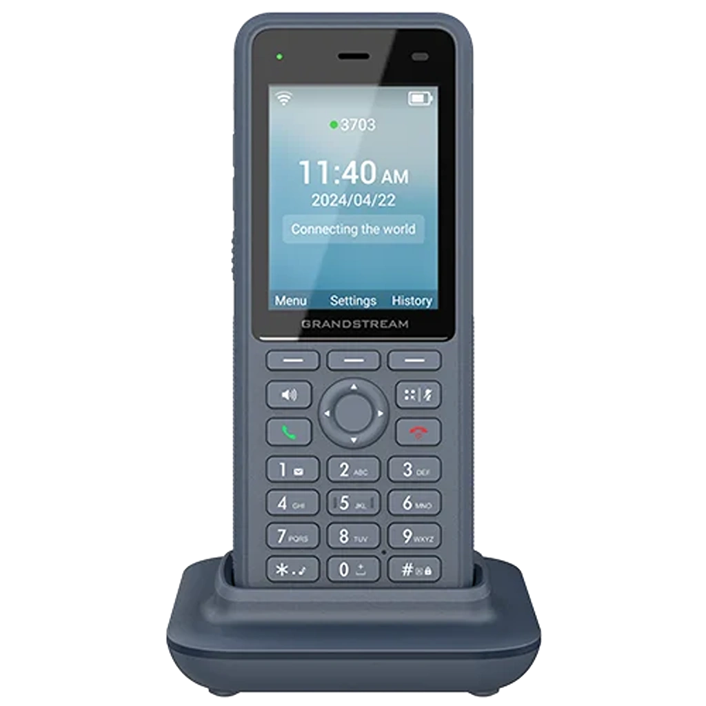 Grandstream WP836 cordless Wi-Fi 6 IP phone in charging dock front view with color display and keypad -tpstech.in
