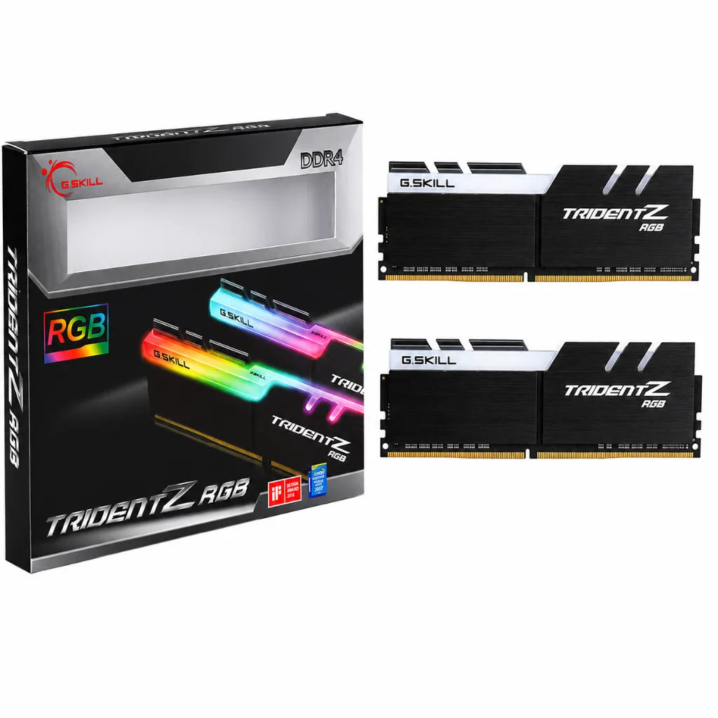 G.SKILL Trident Z RGB 16GB (2x8GB) DDR4 3000MT/s desktop RAM retail package including dual memory modules.