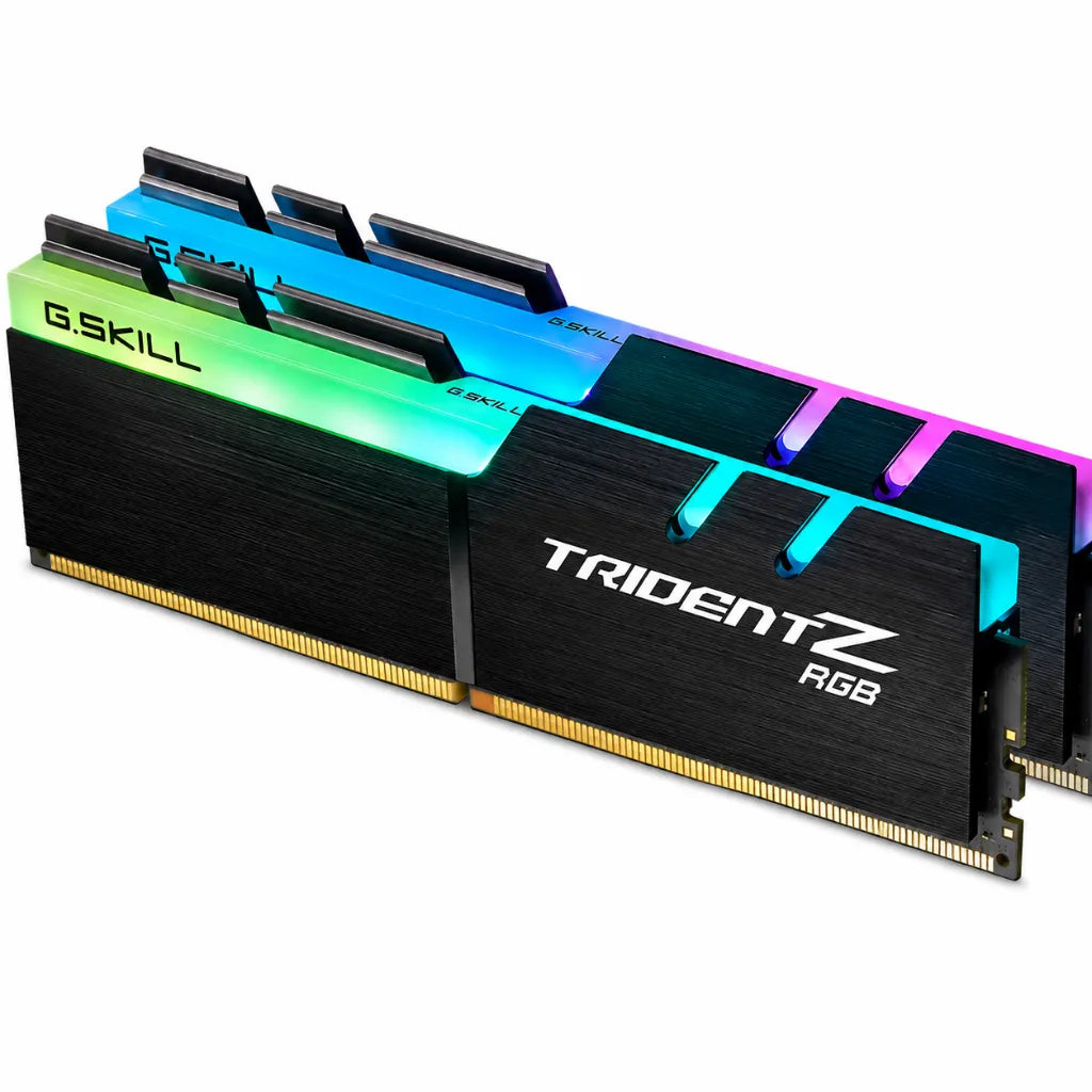 G.SKILL Trident Z RGB 16GB (2x8GB) DDR4 3200MHz desktop RAM with RGB lighting, angled view for AMD compatible gaming PC memory.