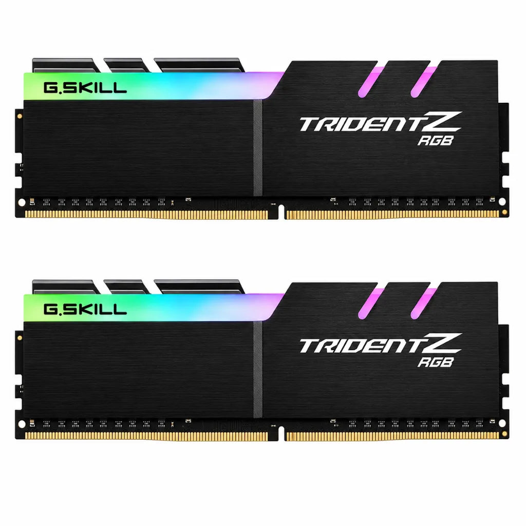 Front view of G.SKILL Trident Z RGB 16GB (2x8GB) DDR4 3200MHz desktop memory featuring RGB lighting and dual-channel performance for desktop PCs.