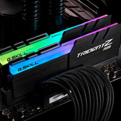 G.SKILL Trident Z RGB 16GB (2x8GB) DDR4 3200MHz desktop memory installed on a motherboard with customizable RGB lighting for gaming PCs and high-performance AMD desktop systems.