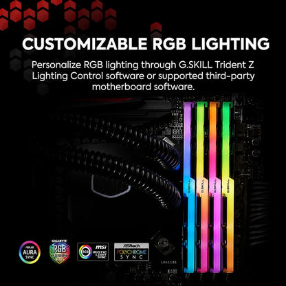 G.SKILL Trident Z RGB DDR4 16GB RAM with customizable RGB lighting compatible with ASUS Aura Sync, MSI Mystic Light, Gigabyte RGB Fusion, and ASRock Polychrome Sync.