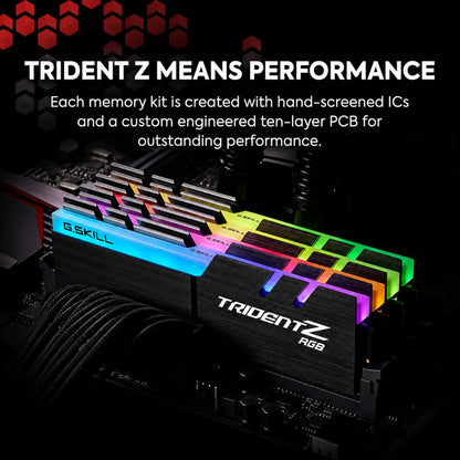 G.SKILL Trident Z RGB DDR4 16GB desktop memory installed on a motherboard showcasing high-performance gaming RAM.