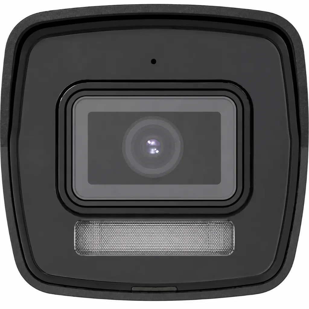 Close-up of Hikvision DS-2CD1023G2-LIU camera lens and Smart Hybrid Light module for Full HD IP surveillance.