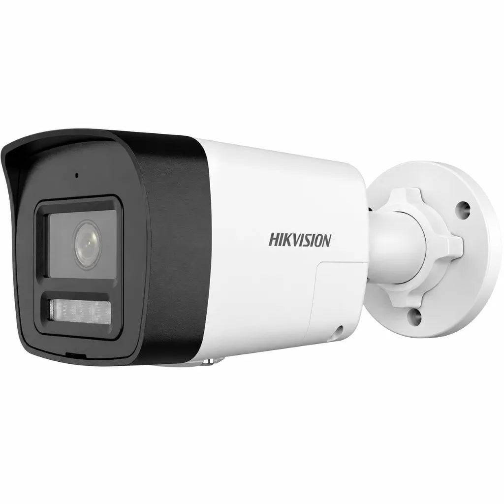 Angled view of Hikvision DS-2CD1023G2-LIUF/SL 2MP IP Bullet Security Camera with Smart Hybrid Light and IP67 protection.