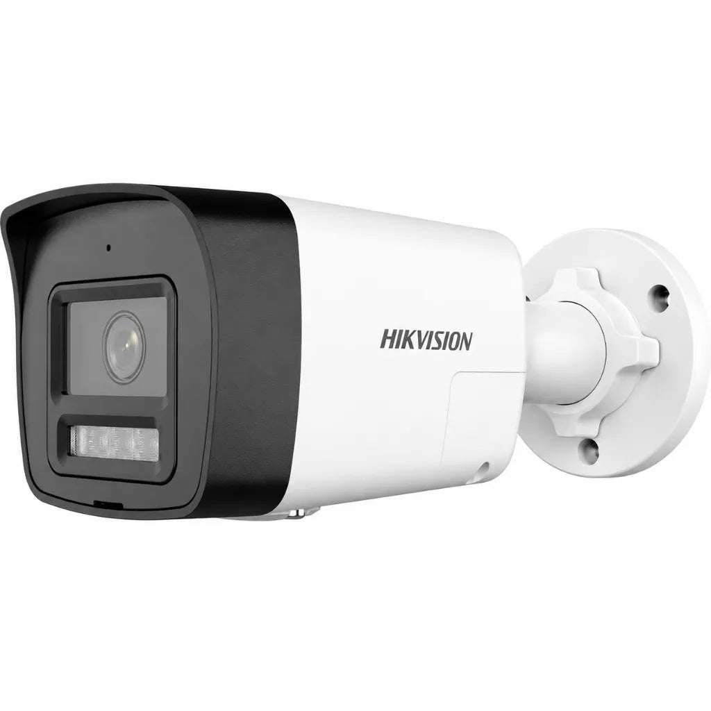 Hikvision DS-2CD1023G2-LIUF/SL 2MP Smart Hybrid Light IP Bullet Camera front left angle view with built-in microphone and strobe light.