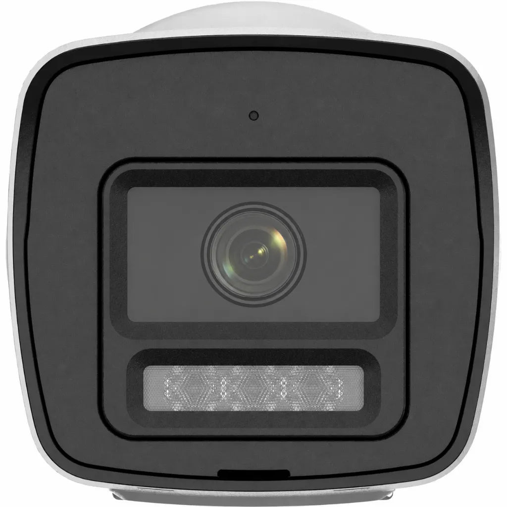 Front view of Hikvision DS-2CD1023G2-LIUF/SL 2MP Smart Hybrid Light IP Bullet Camera showing camera lens and white LED illumination.